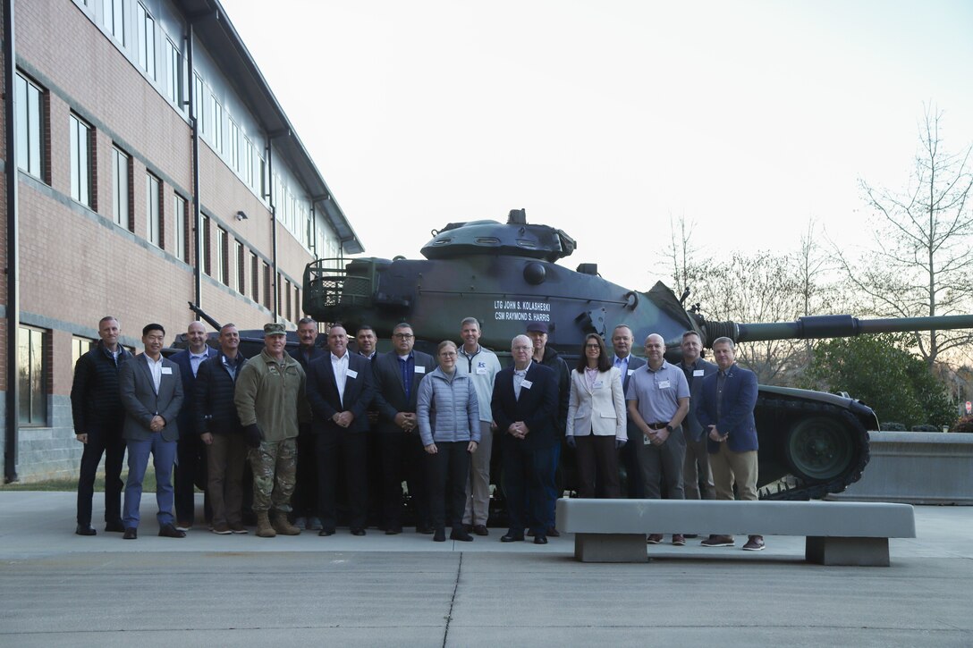 Senior leaders and key advisors gather amid frigid temperatures prior to the second day of the Reserve Component Symposium held Nov. 18-19, 2022, at V Corps headquarters at Fort Knox, Kentucky. (photo by Spc. Gabriella Sullivan)