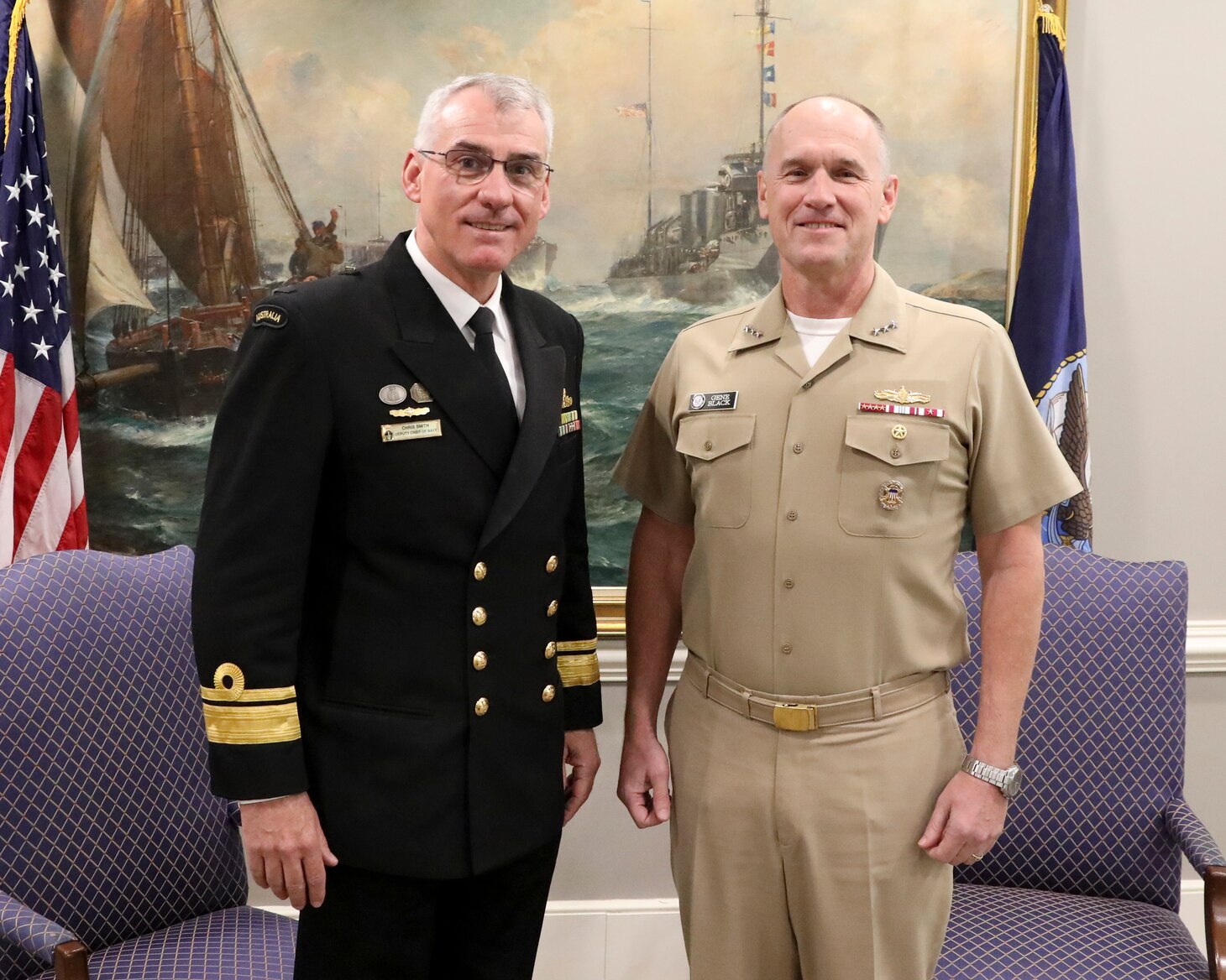 Deputy Chief of Naval Operations for Operations, Plans and Strategy, Vice Adm. Gene Black, hosts his Australian counterpart, Rear Adm. Christopher Smith, Royal Australian Navy, Deputy Chief of Navy, for a bilateral strategic dialogue at the Pentagon, Nov. 21, 2022.