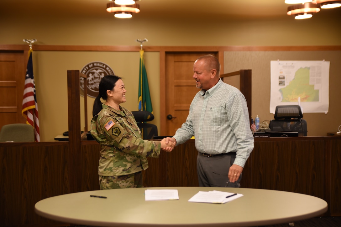 Lt. Col. ShaiLin KingSlack, Commander of the Walla Walla District, and Todd L. Kimball, Chairman of the Walla Walla Board of County Commissioners, signed the Project Partnership Agreement for the Mill Creek Section 205 Project on November 21.