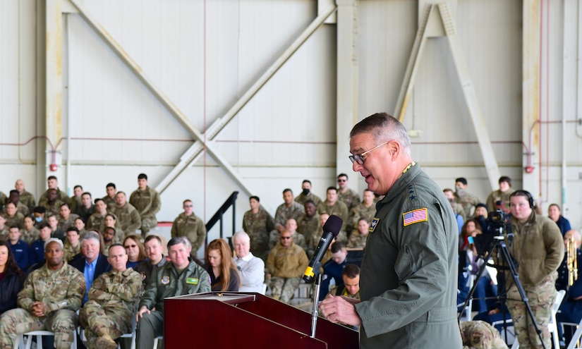 Gen. Mike Minihan speaks to DFC recipients.