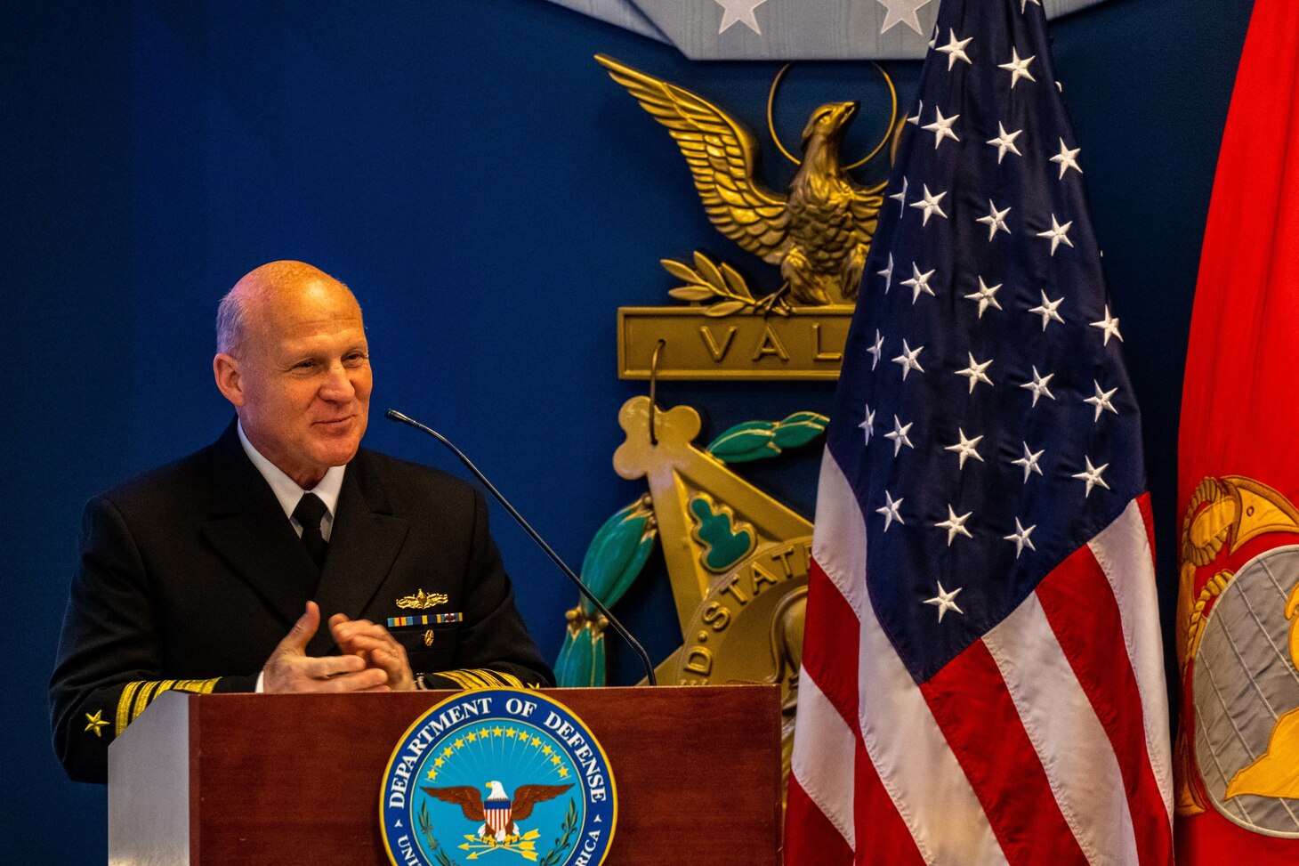Chief of Naval Operations Adm. Mike Gilday gives remarks before presenting Capt. Adam J. Thomas, former commanding officer, Ohio-class ballistic-missile submarine USS Alaska (SSBN 732) (Gold), and Cmdr. John W. Keefe, commanding officer, Explosive Ordnance Disposal Mobile Unit Five (EODMU 5), with the 2022 Vice Admiral James Bond Stockdale Leadership Award during a ceremony held in the Hall of Heroes at the Pentagon, November 17, 2022.
