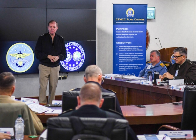 Adm. Stuart B. Munsch, commander of U.S. Naval Forces Europe-Africa and Allied Joint Force Command Naples, speaks to attendees of the Combined Force Maritime Component Commander (CFMCC) flag course, hosted by the U.S. Naval War College, onboard Naval Support Activity Naples, Nov. 14, 2022. The CFMCC course, facilitated by NAVEUR-NAVAF, is designed to improve the effectiveness of senior leaders who will likely work together in a multinational environment. NAVEUR-NAVAF, headquartered in Naples, Italy, conducts the full spectrum of joint and naval operations, often in concert with allied and interagency partners, in order to advance U.S. national interests, security and stability in Europe and Africa.