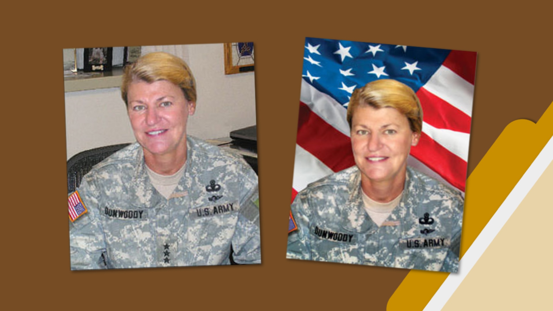 side-by-side photos of a military woman with an office background and the same image badly altered by including the American flag.