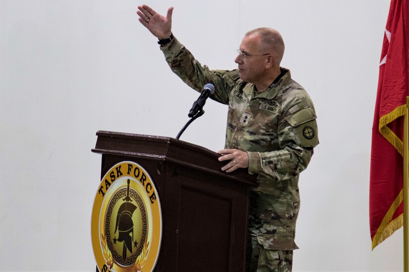 Maj. Gen. William B. Blaylock II, commanding general of 35th Infantry Division, thanks the Soldiers from the 35th ID for the great work they accomplished during the Task Force Spartan transfer of authority on Nov. 20, 2022 at Camp Arifjan, Kuwait (U.S. Army photo Master Sgt. Matthew Keeler).