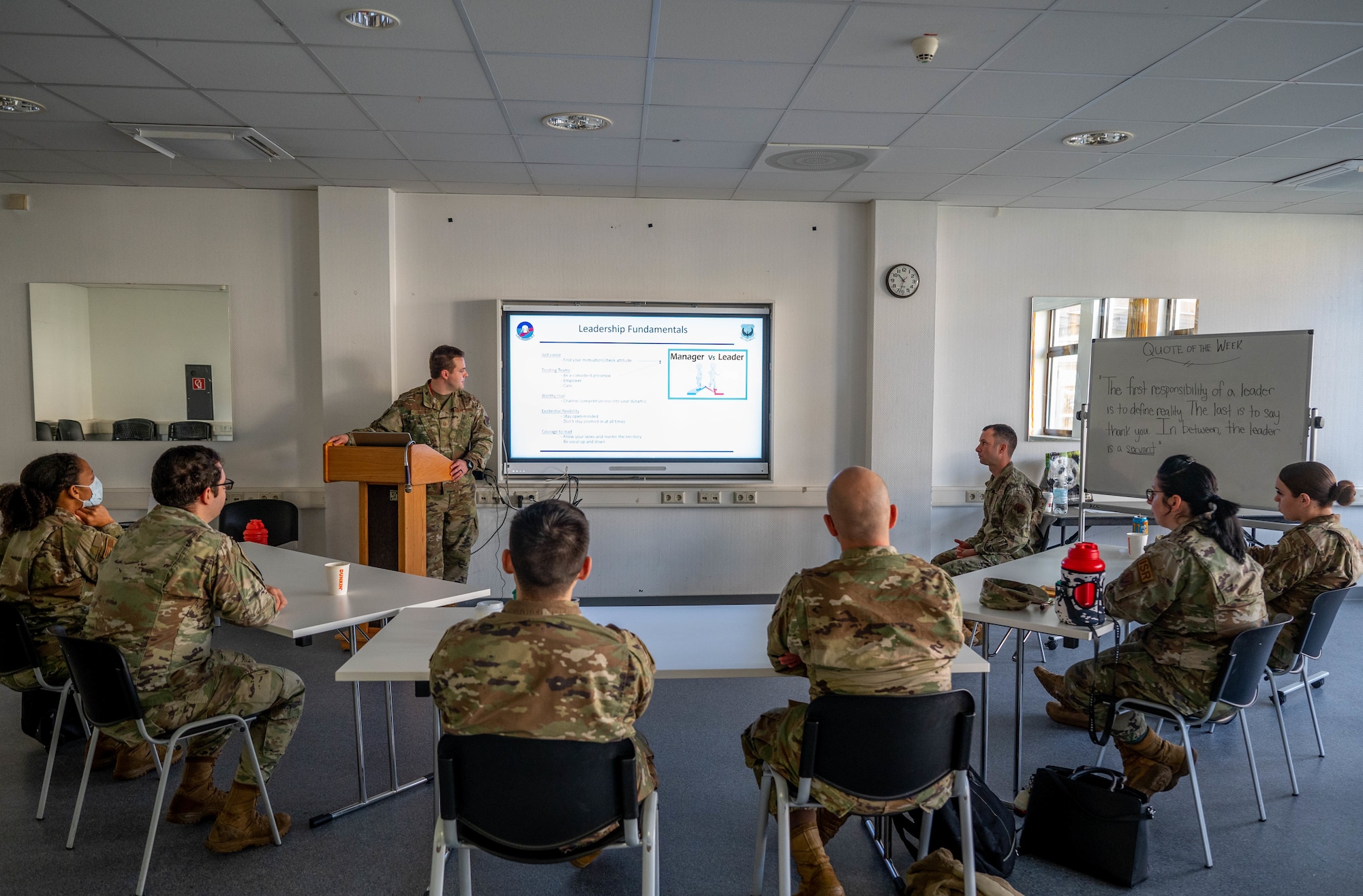 U.S. Air Force Master Sgt. Joshua Driscoll, 24th Intelligence Squadron analysis and exploitation team flight chief, teaches an Airman Leadership Top-Off course at Ramstein Air Base, Germany Nov. 16, 2022.