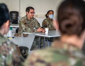 U.S. Air Force Staff Sgt. Erick Corona, 24th Intelligence Squadron analyst, discusses the concept of servant leadership with other students during an Airman Leadership Top-Off course at Ramstein Air Base, Germany Nov. 16, 2022.