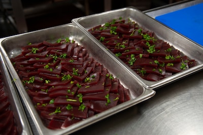 A tray of jellied cranberry sauce.