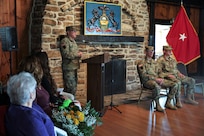 Outgoing Fort Indiantown Gap National Guard Training Center commander Lt. Col. Andrew O’Connor speaks to Soldiers and guests Nov. 19 at the change of command ceremony marking the transition of command to Lt. Col. Kevin Potts. Fort Indiantown Gap, headquarters of the Pennsylvania National Guard, is the only live-fire, maneuver military training facility in Pennsylvania and is among the busiest National Guard Training Centers in the country. (U.S. Army National Guard photo by Sgt. 1st Class Zane Craig)