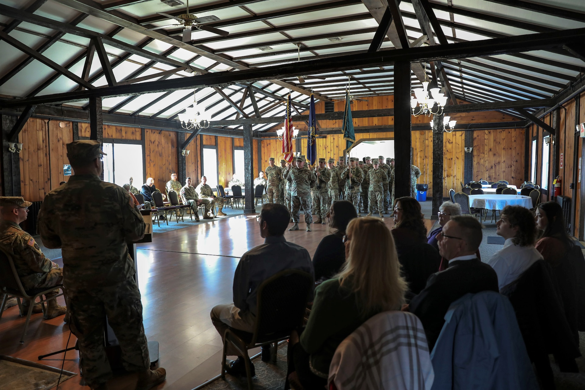 Outgoing Fort Indiantown Gap National Guard Training Center commander Lt. Col. Andrew O’Connor speaks to Soldiers and guests Nov. 19 at the change of command ceremony marking the transition of command to Lt. Col. Kevin Potts. Fort Indiantown Gap, headquarters of the Pennsylvania National Guard, is the only live-fire, maneuver military training facility in Pennsylvania and is among the busiest National Guard Training Centers in the country. (U.S. Army National Guard photo by Sgt. 1st Class Zane Craig)
