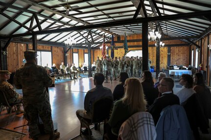 Outgoing Fort Indiantown Gap National Guard Training Center commander Lt. Col. Andrew O’Connor speaks to Soldiers and guests Nov. 19 at the change of command ceremony marking the transition of command to Lt. Col. Kevin Potts. Fort Indiantown Gap, headquarters of the Pennsylvania National Guard, is the only live-fire, maneuver military training facility in Pennsylvania and is among the busiest National Guard Training Centers in the country. (U.S. Army National Guard photo by Sgt. 1st Class Zane Craig)