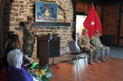 Incoming Fort Indiantown Gap National Guard Training Center commander Lt. Col. Kevin Potts speaks to Soldiers and guests Nov. 19 at the change of command ceremony marking the transition of command from Lt. Col. Andrew O’Connor. Fort Indiantown Gap, headquarters of the Pennsylvania National Guard, is the only live-fire, maneuver military training facility in Pennsylvania and is among the busiest National Guard Training Centers in the country. (U.S. Army National Guard photo by Sgt. 1st Class Zane Craig)