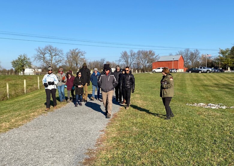 Leadership Development Program participants and leaders from the U.S. Army Corps of Engineers Transatlantic Middle East District walk the 3rd Battle of Winchester Battlefield in Winchester, VA as part of a “staff ride,” Staff rides are a military tradition where  a senior leader, like the unit commander, takes subordinates on a battlefield tour to discuss what types of leadership lessons can be learned from a given battle. During the walk, LDP participants briefed district leadership on lessons they had learned about leadership traits while studying the battle.