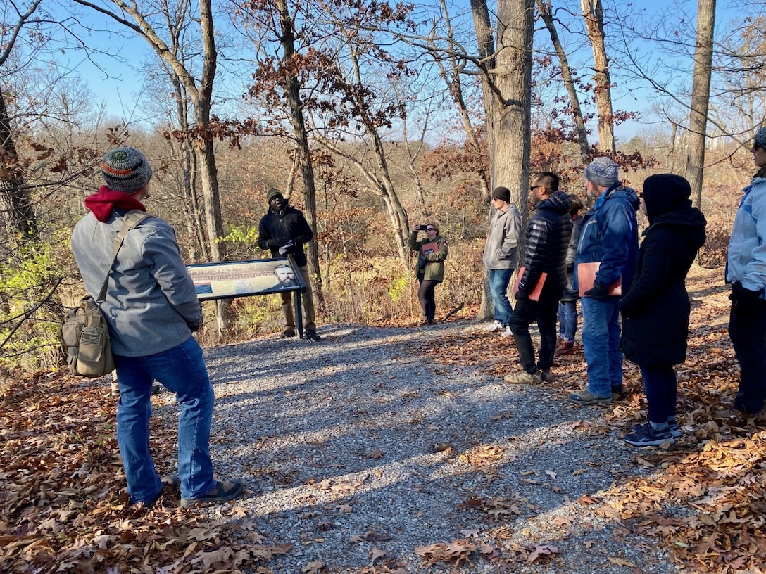 Leadership Development Program participants and leaders from the U.S. Army Corps of Engineers Transatlantic Middle East District walk the 3rd Battle of Winchester Battlefield in Winchester, Va., as part of a “staff ride.” Staff rides are a military tradition where a senior leader, like the unit commander, takes subordinates on a battlefield tour to discuss what types of leadership lessons can be learned from a given battle. During the walk, LDP participants briefed district leadership on lessons they had learned about leadership traits while studying the battle.