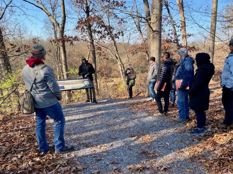 U.S. Army Corps of Engineers Transatlantic Middle East District Architect and leadership development program participant David Gurak briefs district leaders during a “staff ride” at the 3rd Battle of Winchester battlefield during a leadership development course capstone exercise. Staff rides are a military tradition where a senior leader, like the unit commander, takes subordinates on a battlefield tour to discuss what types of leadership lessons can be learned from a given battle.