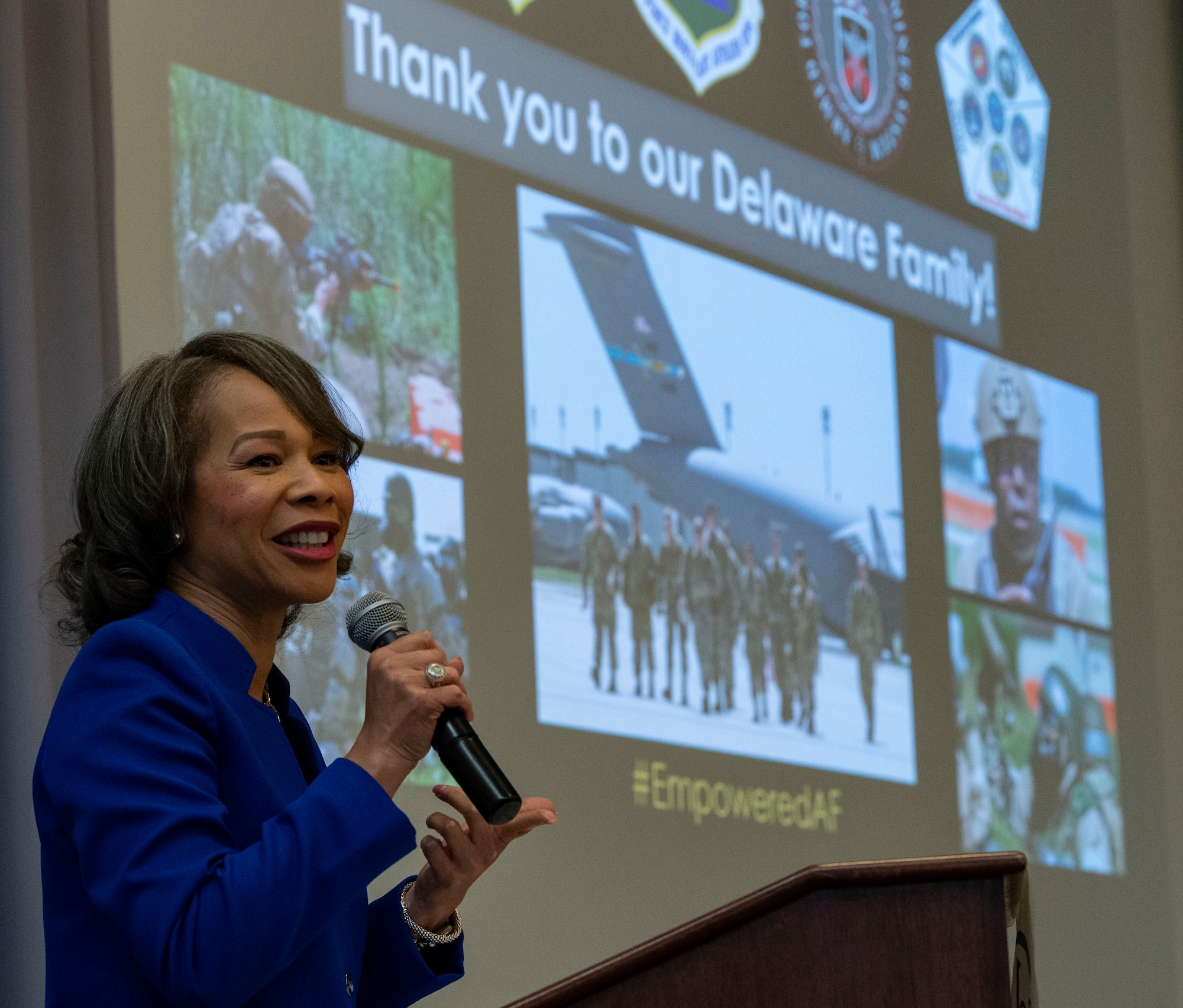 Delaware Rep. Lisa Blunt Rochester, speaks to U.S. congressional delegates from Delaware, Central Delaware Chamber of Commerce members, local civic and business leaders and Team Dover members at the 2022 State of the Base briefing on Dover Air Force Base, Delaware, Nov. 21, 2022. The event, hosted by the CDCC, informed attendees on community partnership initiatives and the impact that Team Dover has on the state and local economies. (U.S. Air Force photo by Roland Balik)