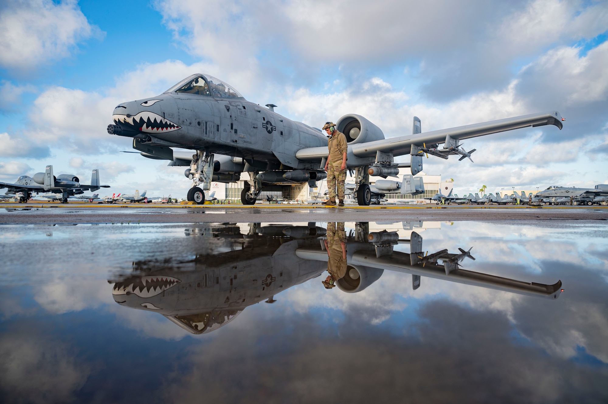 Airman stands beside plane