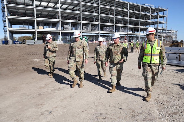 U.S. Army Corps of Engineers, South Atlantic Division commander Brigadier Gen. Daniel Hibner, members of the Mobile District team and Tyndall Air Force base leadership tour the site of the new lodging facility at Tyndall Air Force Base, Florida, Nov. 14, 2022. Hibner, who was the Savannah District commander when Hurricane Michael destroyed Tyndall in 2018, was amazed at the progress of the reconstruction at the base. (U.S. Army photo by Chuck Walker)