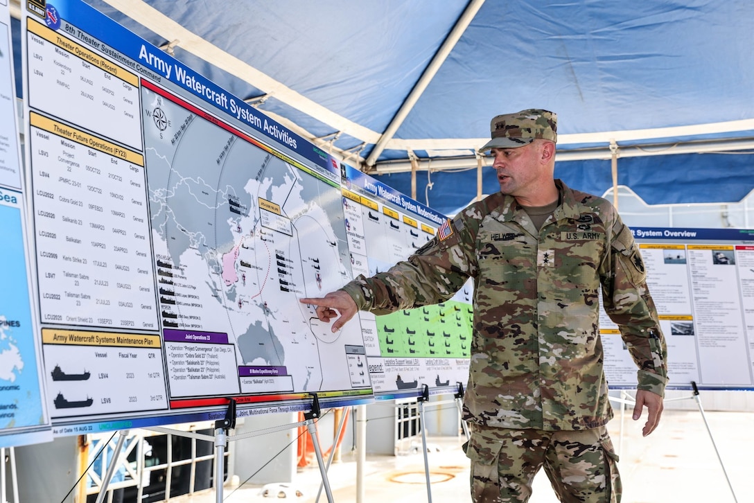 The 8th Theater Sustainment Command's Commanding General, Maj. Gen. Jered P. Helwig, hosted Staff Delegates Mr. Tim Nelson, Ms. Alexia Sikora, Rep. Steve Womack, Mr. Ryan Keating, Rep. Tim Ryan, Mr. Andrew Noh, Rep. Marilyn Strickland, Ms. Shiouyu “Theresa” Lou, Mr. Semaj Martin-Redd, and Rep. Trent Kelly, on a tour aboard Logistics Support Vessel 4 (LSV4), the LT. Gen William B. Bunker, on August 23, 2022 at Joint Base Pearl Harbor Hickam, Hawaii. During the tour, the delegation received a "capabilities, operations, and activities brief" from the 130th Engineer Brigade, and the 7th Engineer Dive Detachment - U.S. Army. Maj. Gen. Helwig discussed Army Watercraft Systems, as well as sustainment operations in support of the Joint Force and throughout the Pacific region.