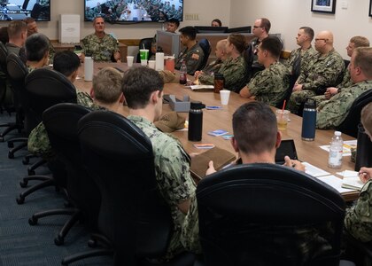 PEARL HARBOR (November 17, 2022) — Rear Adm. Jeff Jablon, Commander, Submarine Force, U.S. Pacific Fleet, addresses a group of junior officers at a flag officer panel held during the inaugural Commander, Submarine Force U.S. Pacific Fleet Junior Officer Undersea Symposium and Training (JOUST) event, Nov. 17, 2022. Pacific JOUST is an all-community event, planned and executed by junior officers to develop the U.S. Navy's future undersea warfare leaders. (Badges blurred for security purposes).

(U.S. Navy photo by Mass Communication Specialist 2nd Class Molly Crawford)