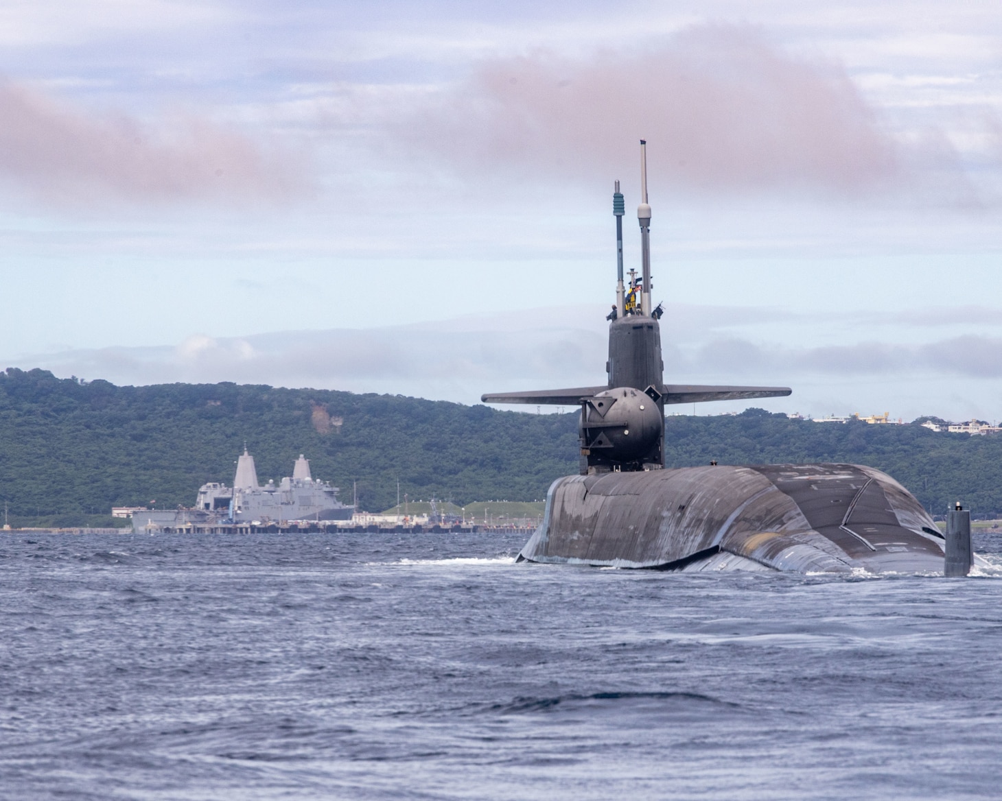 OKINAWA, Japan (Nov. 10, 2022) The Ohio-class guided-missile submarine USS Michigan (SSGN 727) made a brief stop for personnel near Okinawa, Japan as part of its deployment to the U.S. 7th Fleet area of operations, Nov. 10. Michigan is homeported at Naval Base Kitsap, Washington and is operating in the U.S. 7th Fleet area of operations, conducting maritime security operations and supporting national security interests. (U.S. Marine Corps photo by Staff Sgt. Andrew Ochoa)