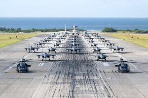 U.S. Air Force aircraft line up on the runway during a capabilities demonstration at Kadena Air Base, Japan, Nov. 22, 2022. Kadena’s ability to rapidly generate U.S. airpower is a vital function of its mission to ensure the stability and security of the Indo-Pacific region. (U.S. Air Force photo by Senior Airman Jessi Roth)