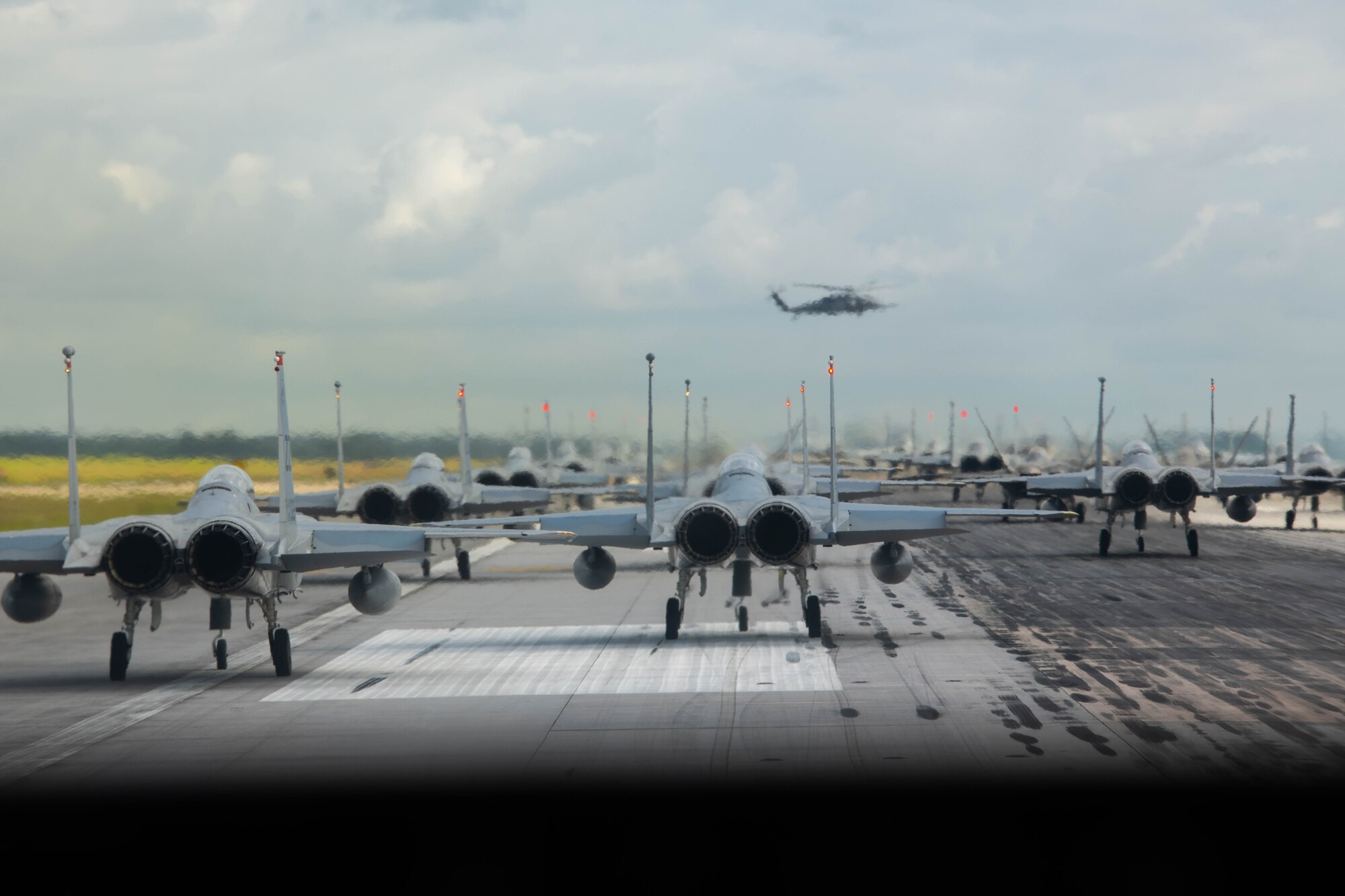 Jets sit in a formation.