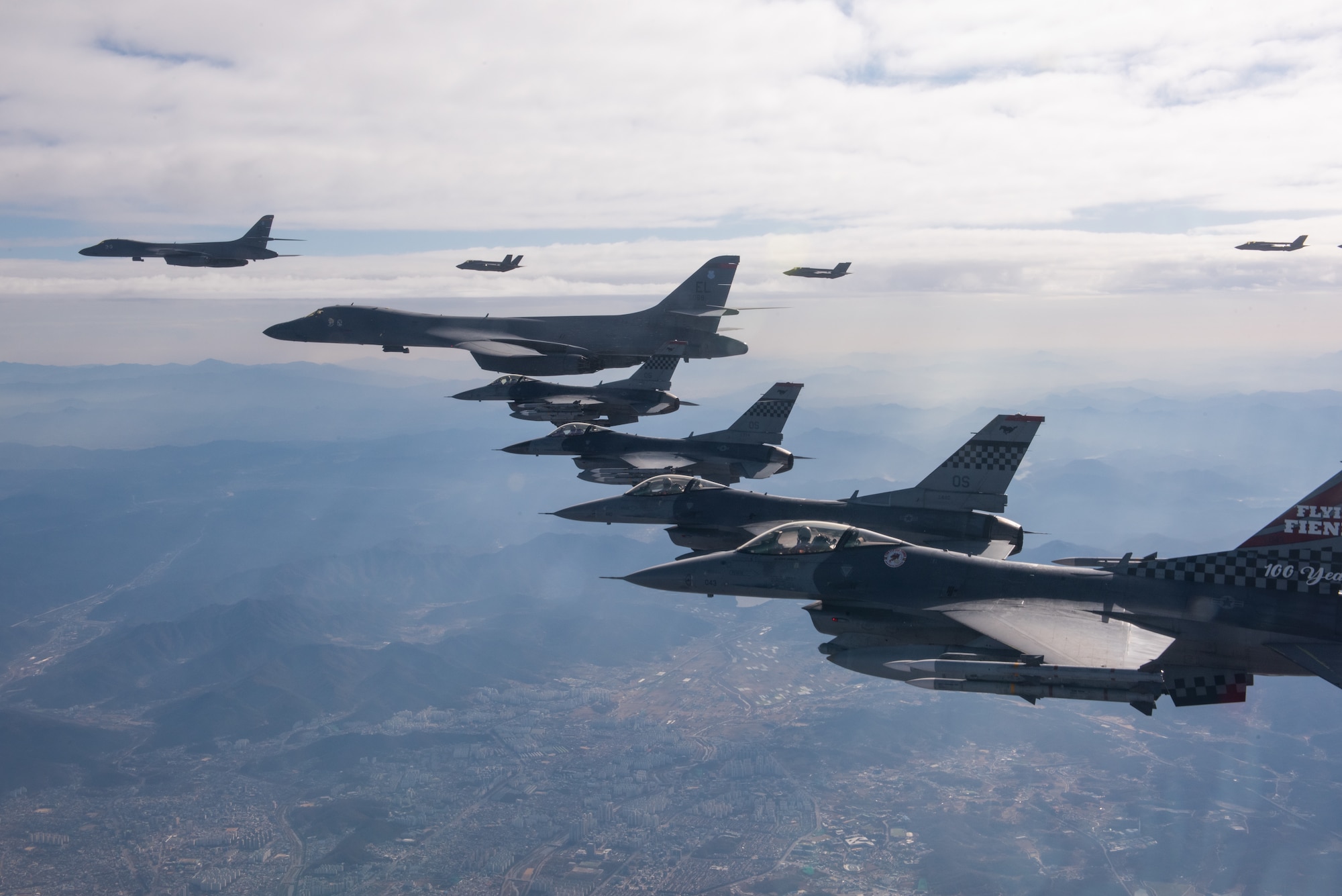 U.S. Air Force F-16s from the 51st Fighter Wing joined with Republic of Korea F-35As to escort two U.S. B-1B strategic bombers entering the Korean Air Defense Identification Zone and conducted a combined flight in a formation on Nov. 19, 2022.