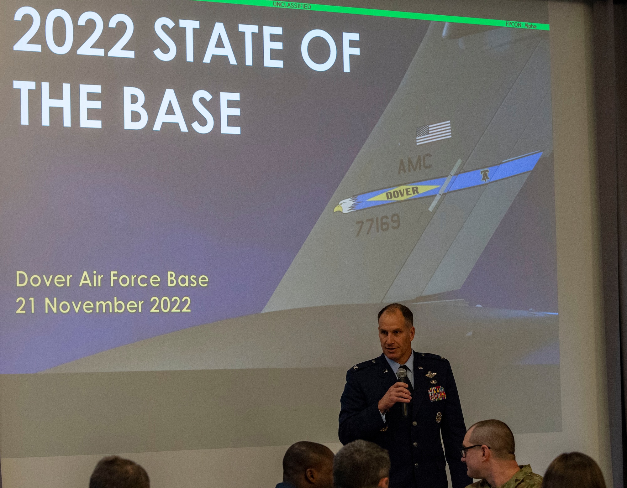 Col. Matt Husemann, 436th Airlift Wing commander, addresses attendees at the 2022 State of the Base briefing on Dover Air Force Base, Delaware, Nov. 21, 2022. The event, hosted by the Central Delaware Chamber of Commerce, provided an opportunity to educate and inform community members and leaders on how the Dover community ties into the base's mission, vision and priorities. (U.S. Air Force photo by Roland Balik)