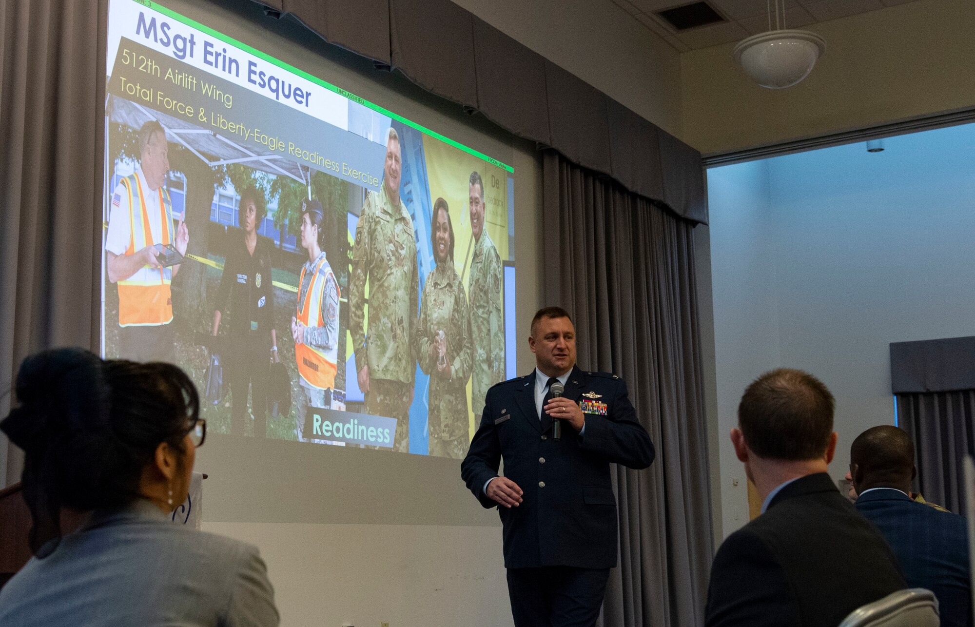 Col. Doug Stouffer, 512th Airlift Wing commander, addresses attendees at the 2022 State of the Base briefing on Dover Air Force Base, Delaware, Nov. 21, 2022. The event,hosted by the Central Delaware Chamber of Commerce, provided an opportunity to educate and inform community members and leaders on how the Dover community ties into the base's mission, vision and priorities. (U.S. Air Force photo by Roland Balik)