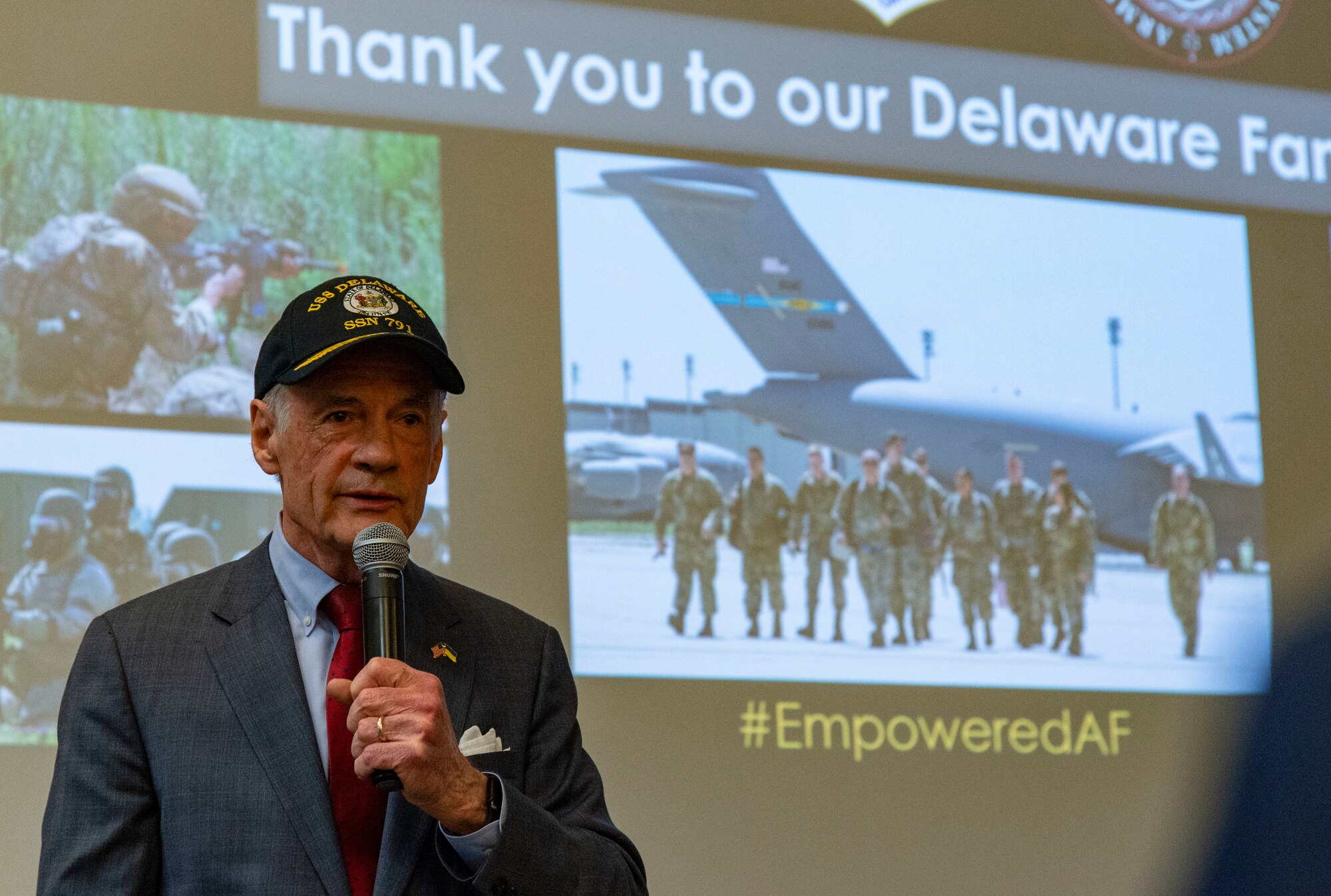 U.S. Sen. Tom Carper, addresses U.S. congressional delegates from Delaware, Central Delaware Chamber of Commerce members, local civic and business leaders and Team Dover members at the 2022 State of the Base briefing on Dover Air Force Base, Delaware, Nov. 21, 2022. The event, hosted by the Central Delaware Chamber of Commerce, provided an opportunity to educate and inform community members and leaders on how the Dover community ties into the base's mission, vision and priorities. (U.S. Air Force photo by Roland Balik)