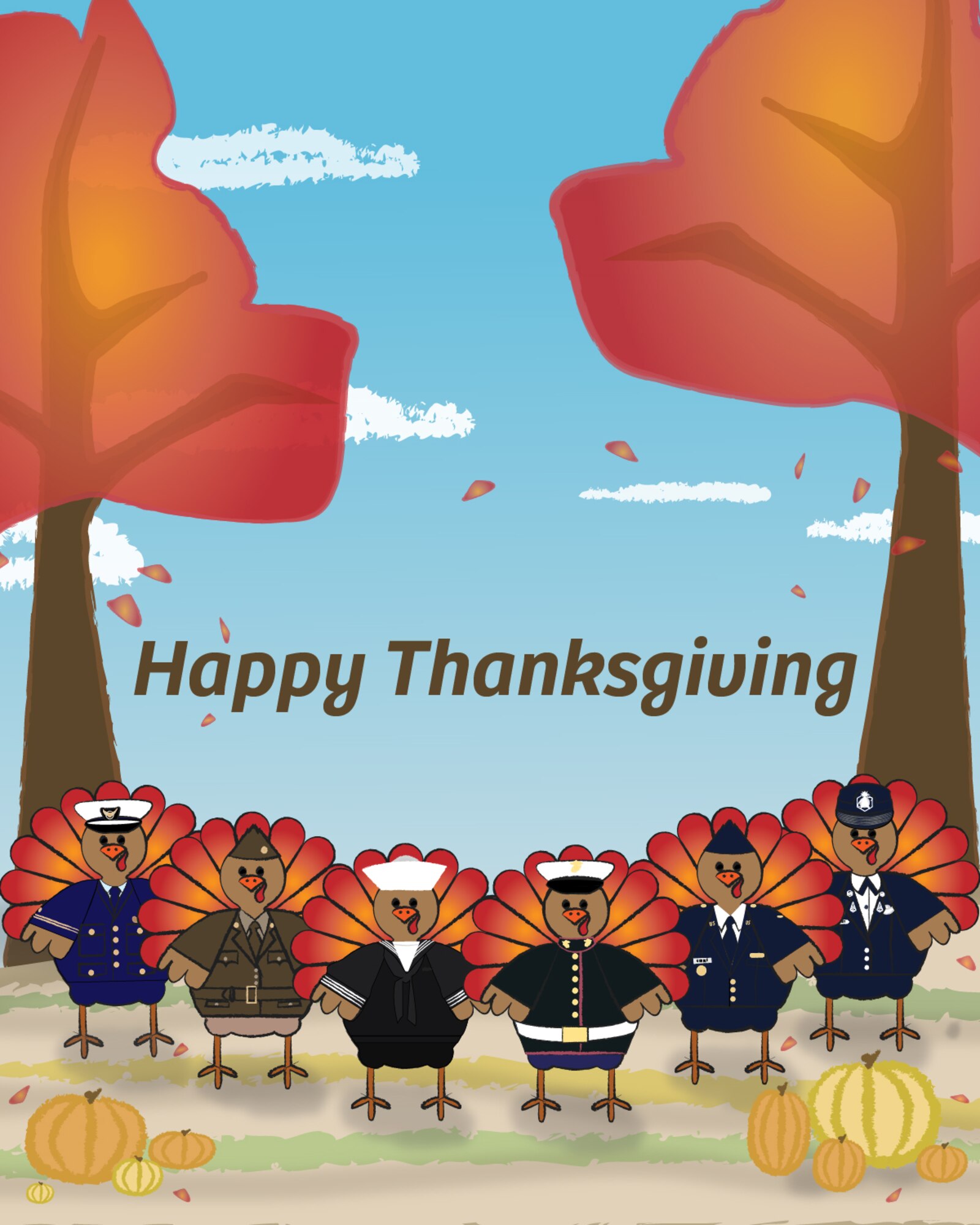 six turkeys dressed in military uniforms