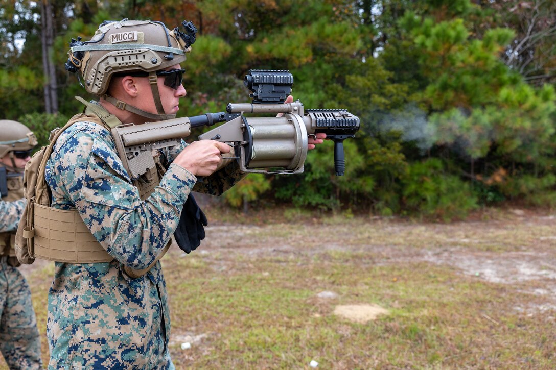 Marines with 26th MEU’s Battalion Landing Team 1st Battalion, 6th Marine Regiment participates in non-lethal weapons training on Camp Lejeune, North Carolina, Nov. 4, 2022. During the training, Marines used non-lethal weapons and riot shields to perform crowd control, dispersion, and built confidence in de-escalating potential threats.