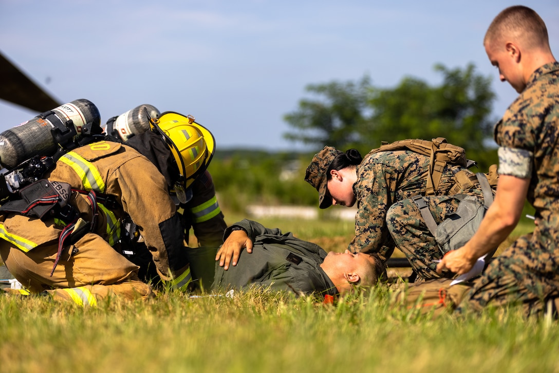 U.S. Marines with Marine Corps Air Facility (MCAF) participate in the Emergency Operation Center drill on Marine Corps Base Quantico, Virginia, Aug. 2, 2022. Marines practice these drills to simulate realistic situations, increasing their readiness and ability to respond to an emergency at any hour. (U.S. Marine Corps photo by Cpl. Eric Huynh)