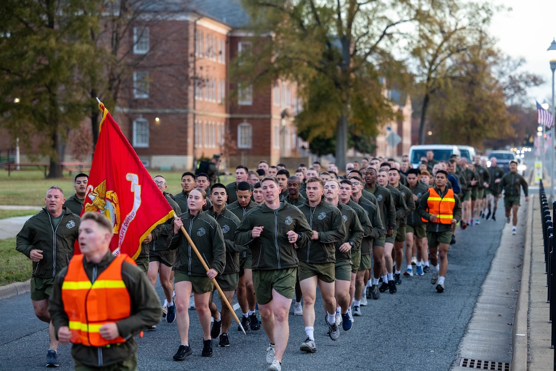 U.S. Marines with Marine Corps Air Facility, participate in a motivational run honoring the Marine Corps’ 247th birthday on Marine Corps Base Quantico, Virginia, Nov. 10, 2022. Each year, Marines come together to celebrate the Marine Corps birthday with ceremonies that recall the history of the Corps and enhance the camaraderie shared across generations of Marines. (U.S. Marine Corps photo by Cpl. Eric Huynh)