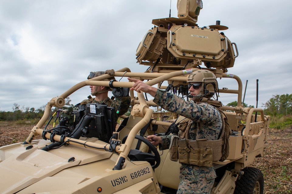 The L-MADIS is an electronic-attack system that counters unmanned-aircraft system by nonkinetic capabilities to destroy or negate aerial threats. 2nd LAAD is a subordinate unit of 2nd Marine Aircraft Wing, the aviation combat element of II Marine Expeditionary Force. (U.S. Marine Corps photo by Sgt. Servante R. Coba)