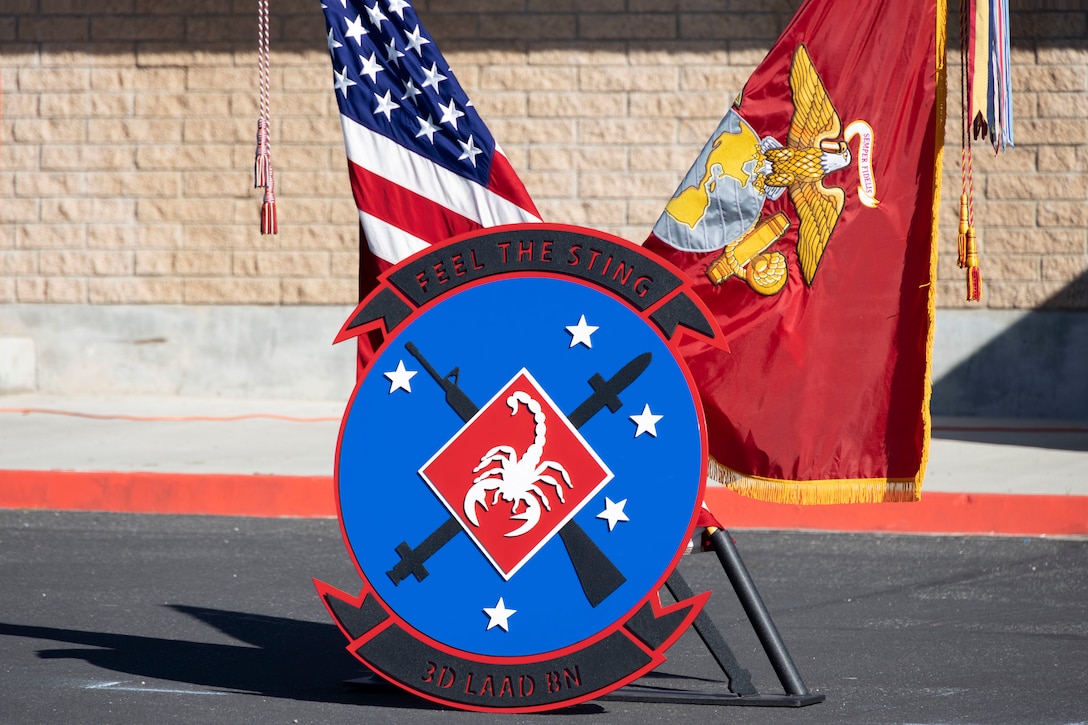 The logo of 3rd Low Altitude Air Defense Battalion, Marine Air Control Group 38, 3rd Marine Aircraft Wing stands at the activation of Charlie Battery on Camp Pendleton, California, Nov. 18, 2022. The activation of Charlie Battery increases 3rd Marine Aircraft Wing’s capabilities in ground-based air defense. Charlie Battery will be equipped with new and emerging technologies to combat unmanned aerial systems, and fixed and rotary-wing aircraft.