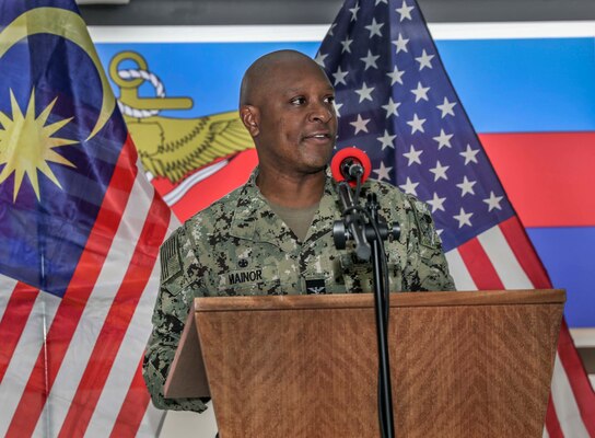 221121-N-FO714-1096 KUANTAN, Malaysia (Nov. 21, 2022) Capt. Walter Mainor, commander, Task Force 71 gives opening remarks at the opening ceremony for exercise Cooperation Afloat Readiness and Training (CARAT) Malaysia, Nov. 21. CARAT Malaysia 2022 highlights the 28th anniversary of CARAT among Allies and partners as a way to demonstrate long-term commitment to strengthened relationships throughout South and Southeast Asia and to highlight U.S. Navy commitment to key Association of Southeast Asian Nations (ASEAN) partners to reinforce ASEAN Centrality. Exercises like this one reassure our Allies and partners of the U.S. commitment to maintaining a free and open Indo-Pacific. (U.S. Navy photo by Mass Communication Specialist 1st Class Deanna C. Gonzales)