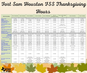 Joint Base San Antonio-Fort Sam Houston FSS Thanksgiving weekend hours.