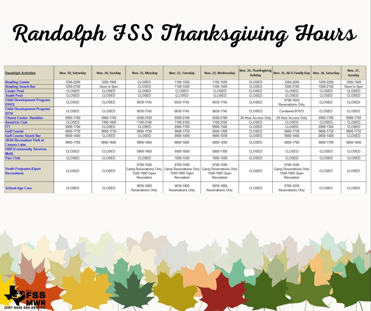 Thanksgiving Holiday Hours Around Jbsa