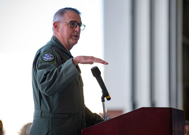 Gen. Mike Minihan gives a speech.