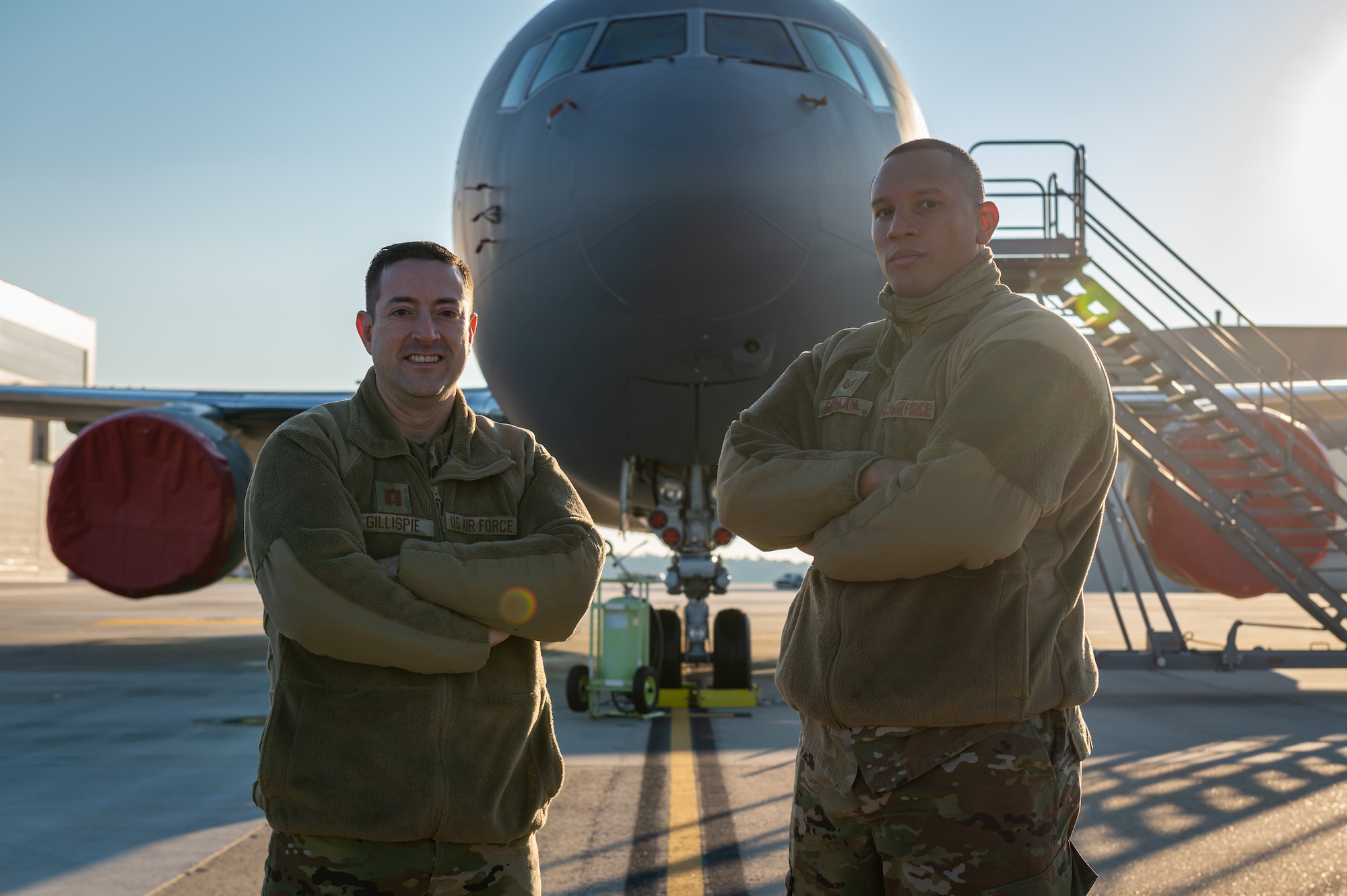 U.S. Air Force Capt. John Gillispie, 305th Air Mobility Wing True North chaplain, and Tech. Sgt. Carlos Catalan, 305th AMW True North religious affairs superintendent, pose for a photo at Joint Base McGuire-Dix-Lakehurst, N.J., Nov. 18, 2022. The True North initiative embeds a religious support team and mental health counselors in groups to decentralize resources available to Airmen. (U.S. Air Force photo by Airman 1st Class Sergio Avalos)