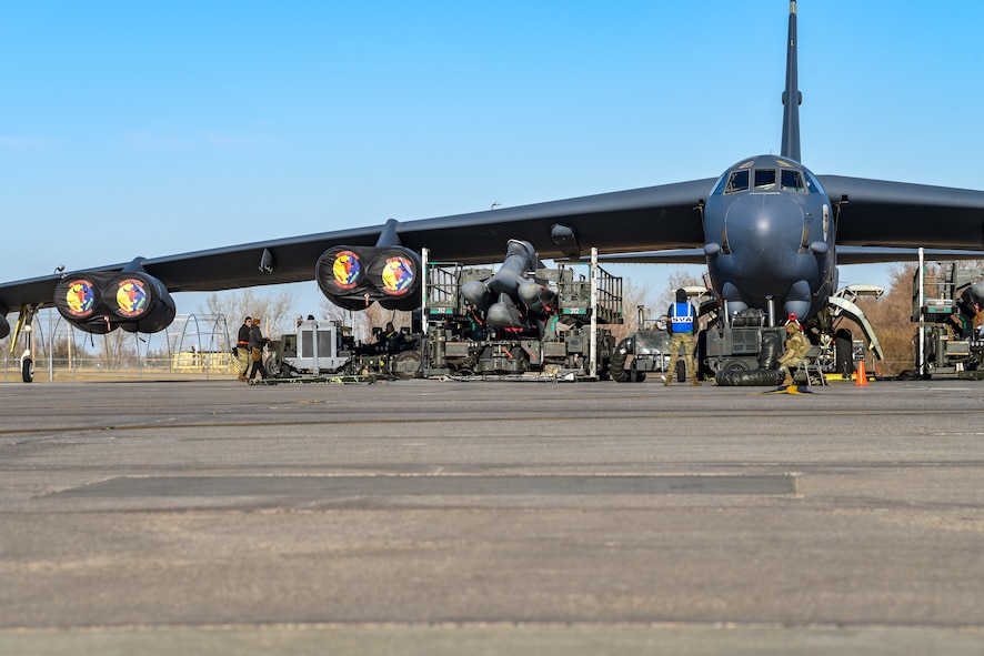 A B-52H Stratofortess takes off during Exercise Prairie Vigilance, Nov. 7, 2022, at Minot Air Force Base, North Dakota. Prairie Vigilance tests the 5th Bomb Wing’s ability to conduct strategic-bomber readiness operations.