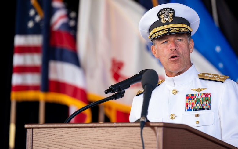 Adm. John C. Aquilino, Commander of U.S. Indo-Pacific Command, speaks during the United States Space Forces, Indo-Pacific, activation ceremony hosted by USINDOPACOM. USSPACEFORINDOPAC will serve as the space-domain authority to USINDOPACOM, advancing the capabilities of the joint force and promoting a free and open Indo-Pacific. (U.S. Navy photo by Mass Communication Specialist 1st Class Anthony J. Rivera)