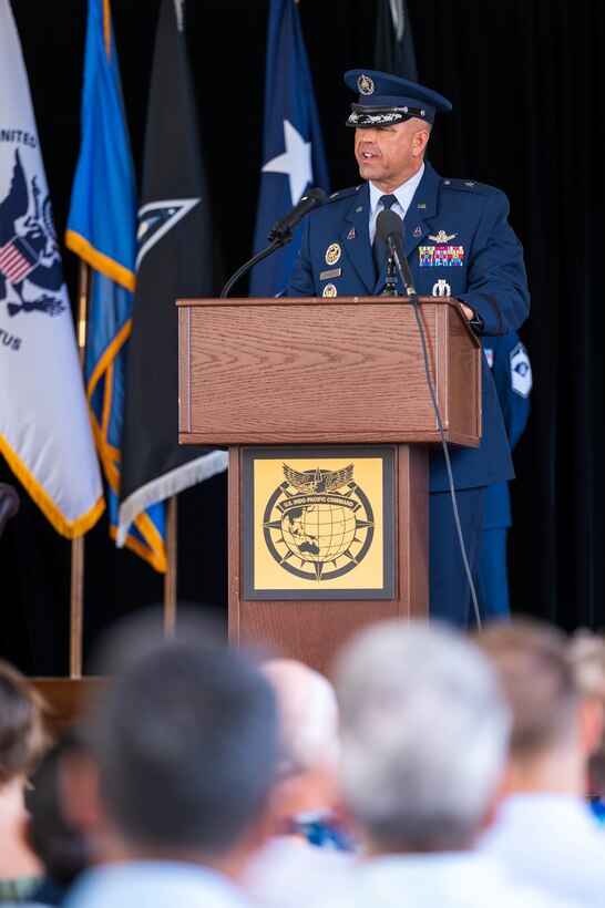 Brig. Gen. Anthony J. Mastalir, Commander of United States Space Forces, Indo-Pacific, speaks during the USSPACEFORINDOPAC activation ceremony hosted by U.S. Indo-Pacific Command. USSPACEFORINDOPAC will serve as the space-domain authority to USINDOPACOM, advancing the capabilities of the joint force and promoting a free and open Indo-Pacific. (U.S. Navy photo by Mass Communication Specialist 1st Class Anthony J. Rivera)