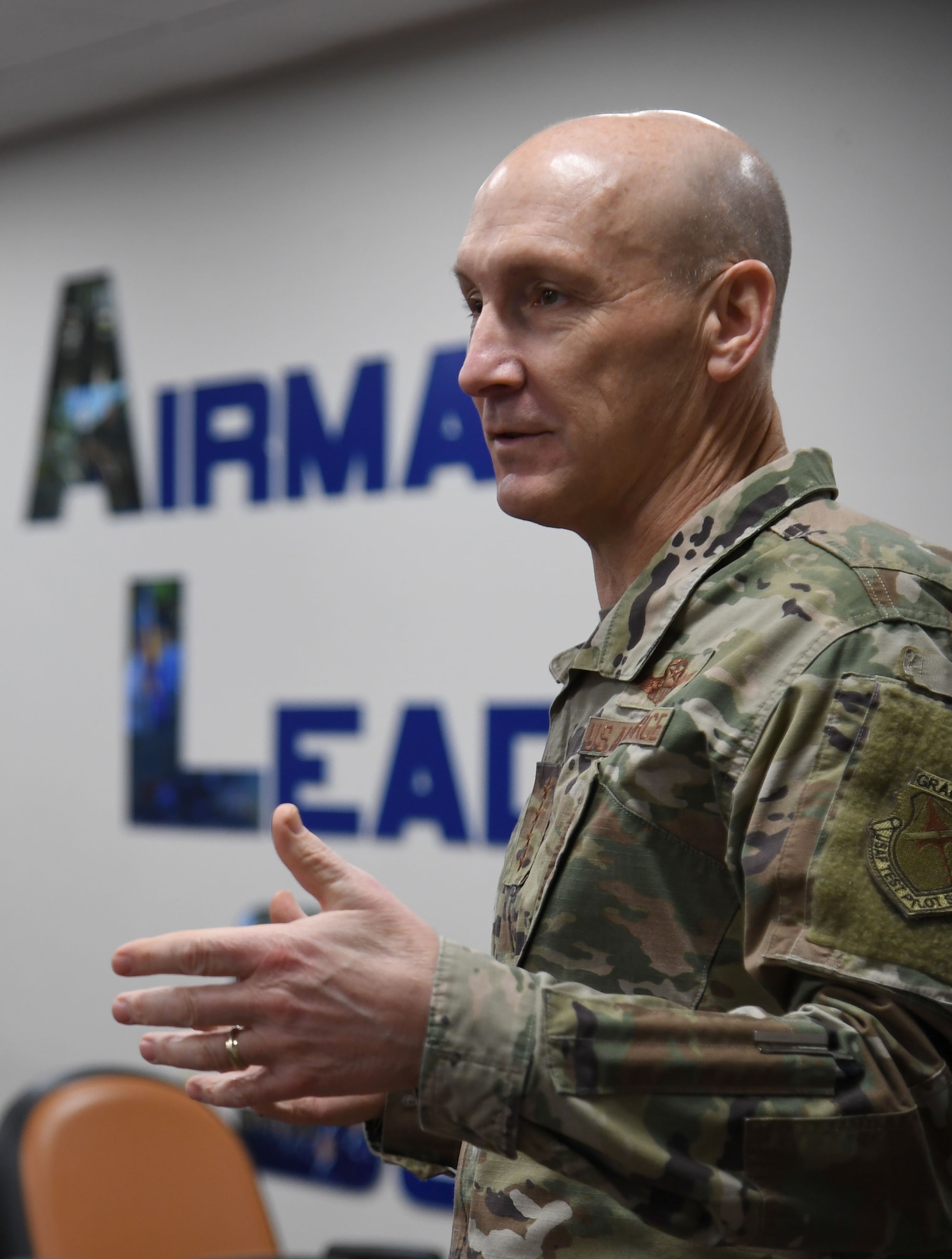 U.S. Air Force Gen. David Allvin, Vice Chief of Staff of the Air Force, delivers remarks during a Dragon University classroom visit inside the Professional Development Center at Keesler Air Force Base, Mississippi, Nov. 18, 2022.