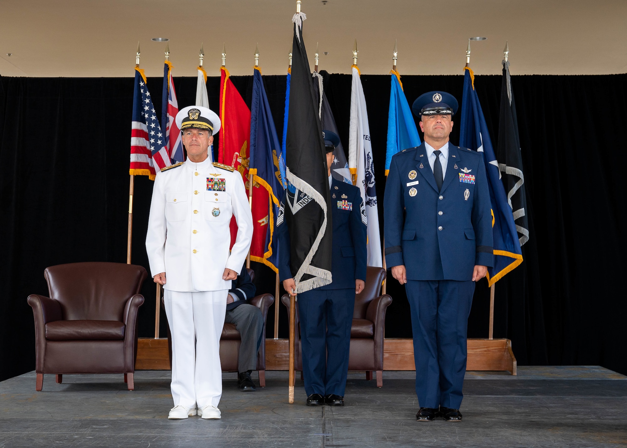 Adm. John C. Aquilino, Commander of U.S. Indo-Pacific Command, left, and Brig. Gen. Anthony J. Mastalir, Commander of United States Space Forces, Indo-Pacific, position for an Assumption of Command ceremony during the USSPACEFORINDOPAC activation ceremony hosted by USINDOPACOM. USSPACEFORINDOPAC will serve as the space-domain authority to USINDOPACOM, advancing the capabilities of the joint force and promoting a free and open Indo-Pacific. (U.S. Navy photo by Mass Communication Specialist 1st Class Anthony J. Rivera)