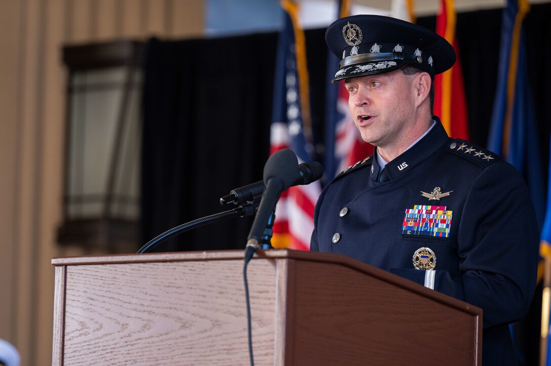 Chief of Space Operations Gen. B. Chance Saltzman speaks during the United States Space Forces, Indo-Pacific, activation ceremony hosted by U.S. Indo-Pacific Command. USSPACEFORINDOPAC will serve as the space-domain authority to USINDOPACOM, advancing the capabilities of the joint force and promoting a free and open Indo-Pacific. (U.S. Navy photo by Mass Communication Specialist 1st Class Anthony J. Rivera)