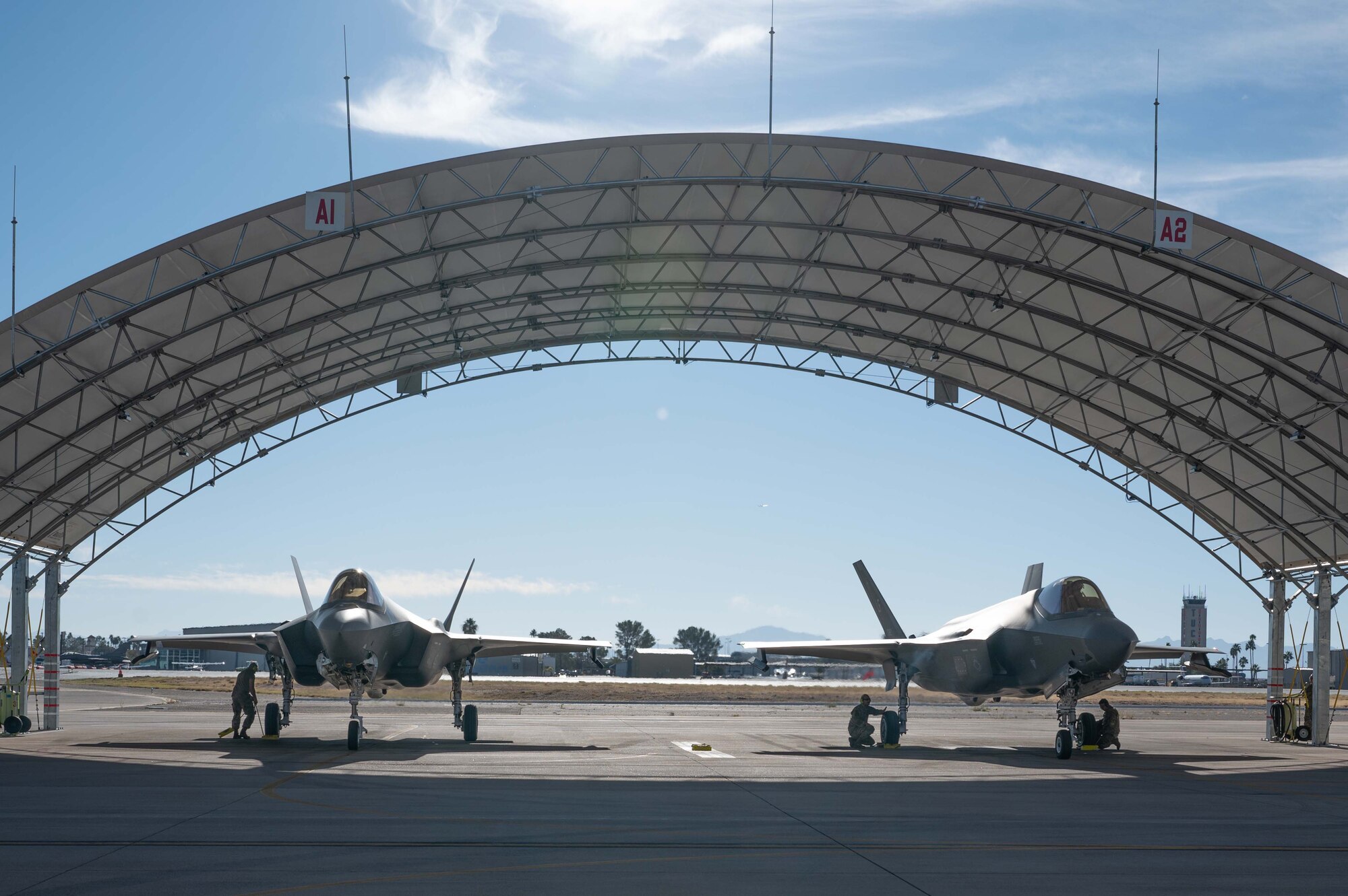 F35A Lighting II fighters made their debut in Tucson this week as two landed at Morris ANG Base, Ariz., for a meeting amongst leaders from the 56th Fighter Wing from Luke Air Force and the 162nd Wing here in Tucson. (U.S. Air National Guard photo by Maj. Angela Walz)
