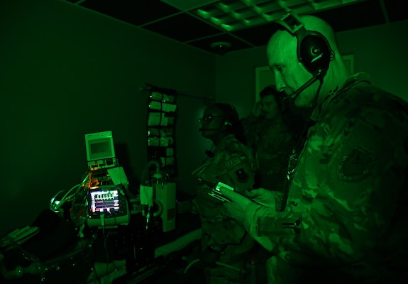 U.S. Air Force Gen. David Allvin, Vice Chief of Staff of the Air Force, participates in a critical care air transport demonstration inside the Keesler Medical Center at Keesler Air Force Base, Mississippi, Nov. 18, 2022.