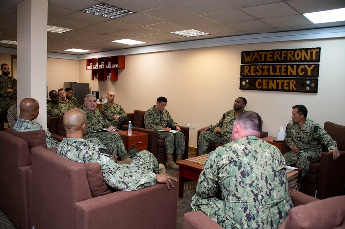 221123-N-QD718-1044 MANAMA, Bahrain (Nov. 23, 2022) Rear Adm. Gregory Todd, chief of chaplains of the Navy, meets with Sailors, Nov. 23, during a visit to a waterfront resiliency center at Naval Support Activity Bahrain where U.S. Naval Forces Central Command is headquartered.